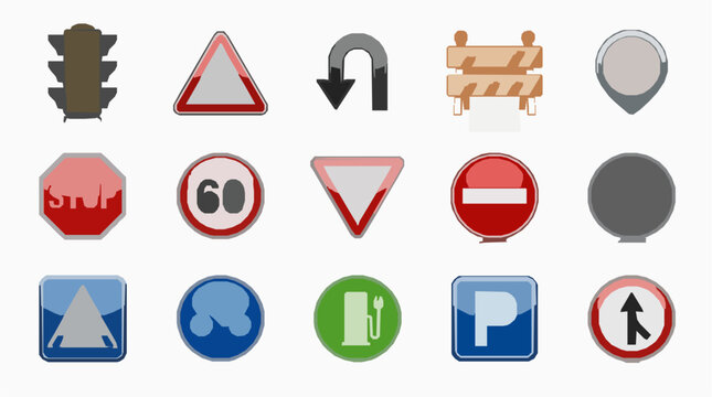 Glossy traffic web icons set with 3d realistic road signs navigation symbols and smooth mirror gradient reflections vector graphic