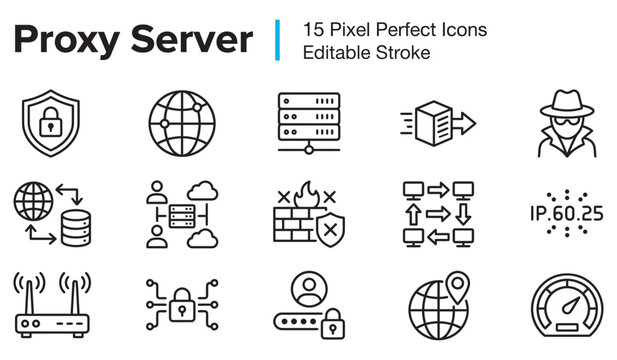 Proxy Server Pixel Perfect Line Icons Set with Editable Stroke for Network Security
