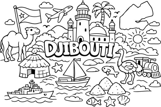 djibouti cartoon outline hand drawn Line Art illustration doodle art coloring page for kids