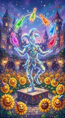 Obraz premium Vibrant magical jester juggling colors in sunflower field.