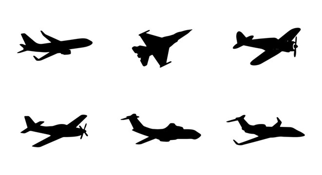Airplane black silhouettes vector set, commercial jet and military fighter aircraft icons, vintage propeller plane and private business jet graphics