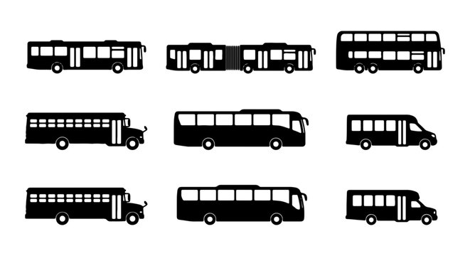 Bus silhouette vector set, public transport icons collection, city transit and school bus side view symbols for infographics and maps