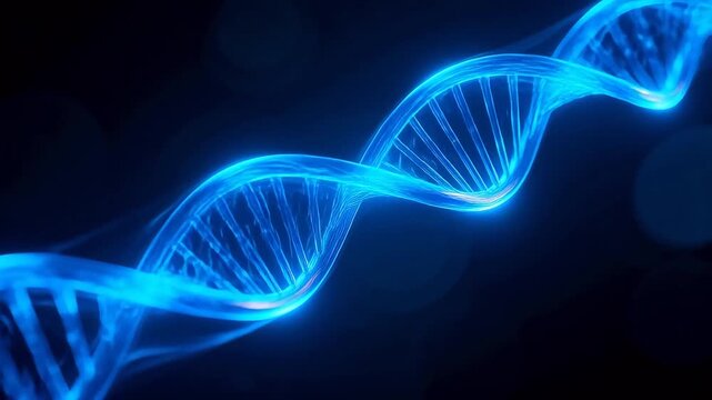 Blue glowing DNA double helix molecular structure with bright lighting against dark background
