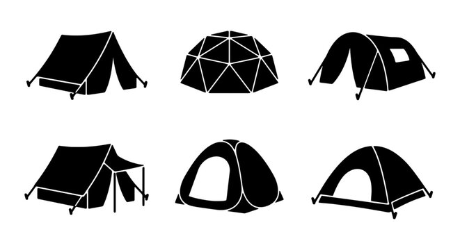 Camping tent icon set, black silhouette tourist tents vector collection, outdoor recreation and hiking equipment symbols