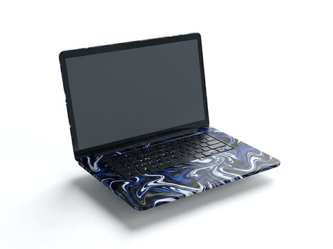 Modern laptop with artistic blue marble pattern skin