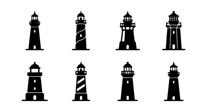 Minimalist lighthouse icon set, 8 black silhouette lighthouse vector illustrations, nautical maritime tower symbols for coastal branding and travel logos