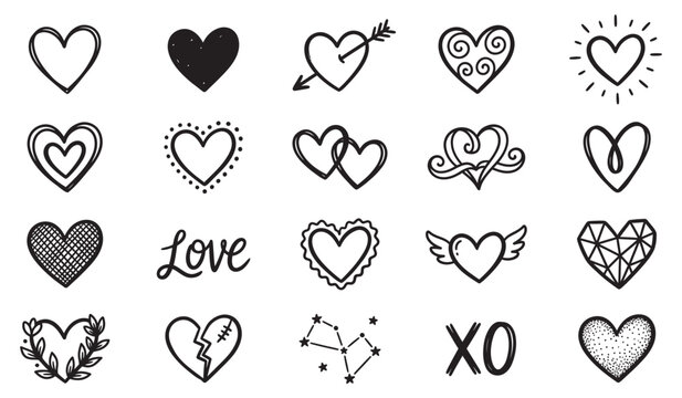 Heart Doodles Collection Hand Drawn Isolated on White Background Vector