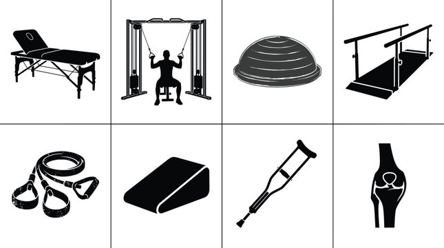 Physical therapy and rehabilitation equipment silhouette icons set featuring massage table crutch parallel bars and resistance bands in image_91812e.png