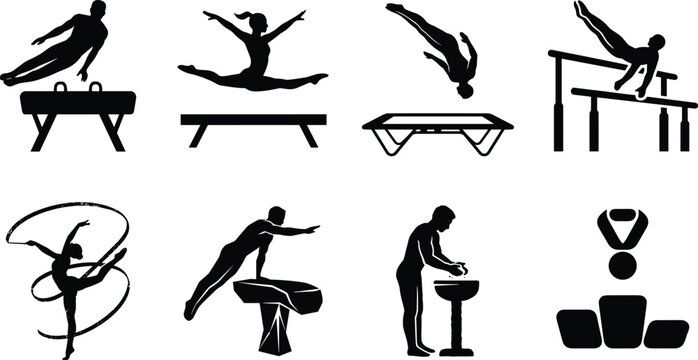 Professional gymnastics and athletic sports vector icon set featuring pommel horse balance beam parallel bars and rhythmic ribbon silhouettes