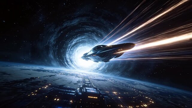 Spaceship flying through blue vortex space tunnel above illuminated city on Earth surface