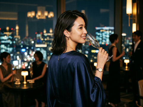 高層階のバーで夜景をバックにシャンパンを飲む女性