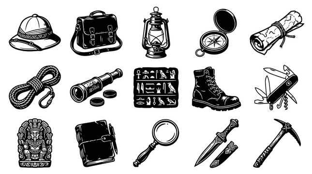 Black  White Line Art Vintage Explorer Tools and Archaeology Icons Set for Adventure  Discovery