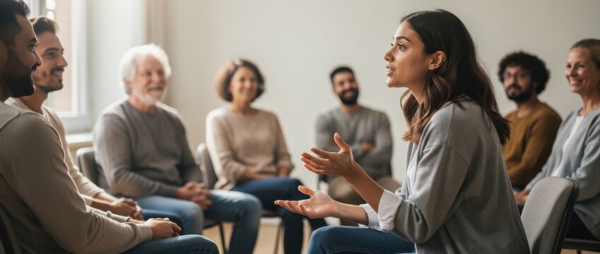 Engaging Group Discussion in a Bright Room Focused on Active Listening and Emotional Expression During a Supportive Conversation Among Diverse Individuals