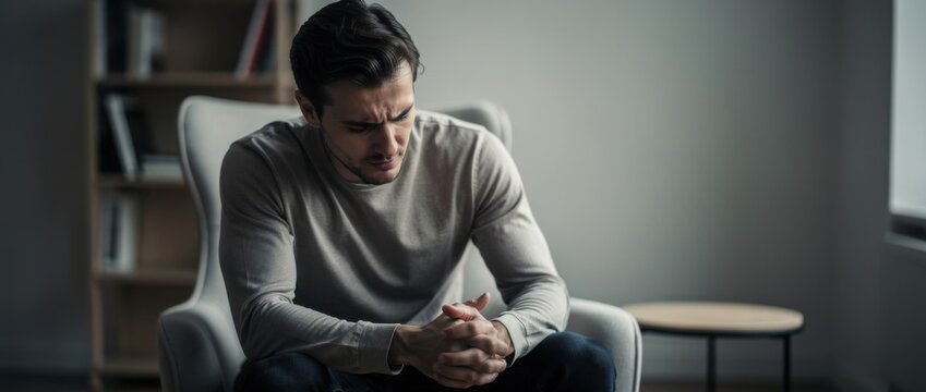 Emotional man sitting in a contemporary armchair, absorbing thoughts and feelings in a serene indoor setting with soft natural light streaming through