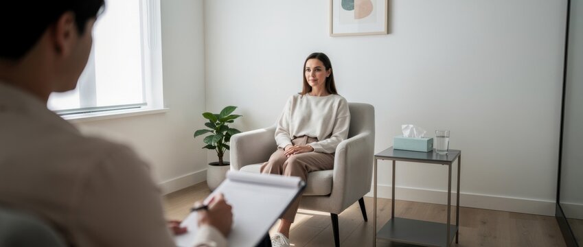 Professional therapist session with a woman in a cozy office setting, engaged in a meaningful conversation about mental health and personal growth
