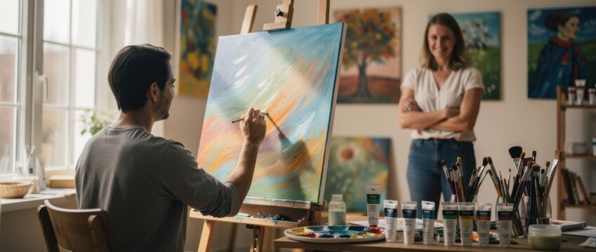 Artist creating abstract painting in bright studio with woman observing, vibrant colors, artistic environment filled with paint supplies and artworks
