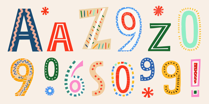 Colorful alphabet and numbers vector illustration with decorative elements