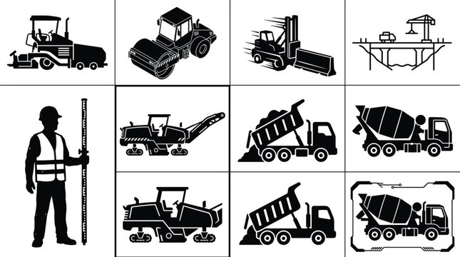 Road construction and civil engineering icon set featuring heavy machinery asphalt paver road roller dump truck surveyor and concrete mixer