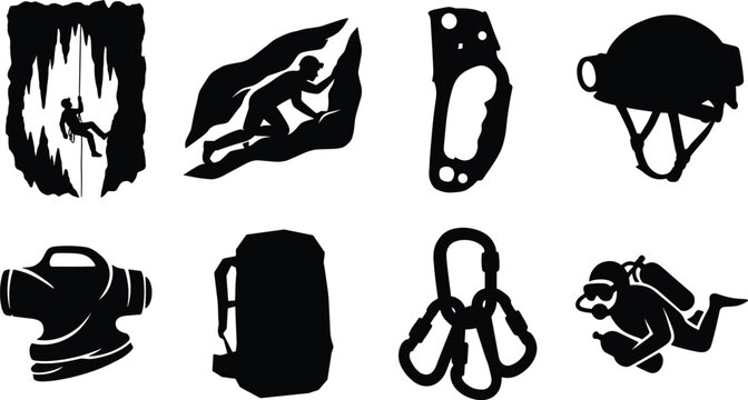 Caving and cave diving icon set featuring speleology climber rappelling underground explorer helmet carabiner flashlight and scuba diver