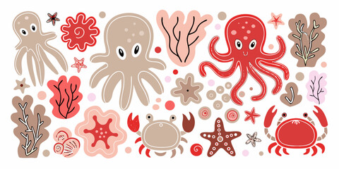 Marine Life Illustration Octopuses Starfish And Seaweed In Soft Tones © gita