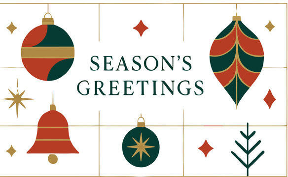 A festive Season's Greetings card featuring a collection of stylized Christmas ornaments in red, green, and gold, set against a light grid background.