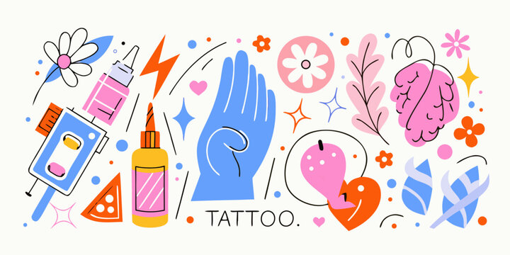 Floral and object vector illustration with tattoo themed elements on white background