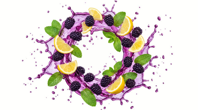 Vibrant purple liquid splashing with blackberries, lemons, and mint leaves in a dynamic circular motion, creating a refreshing and colorful graphic design.