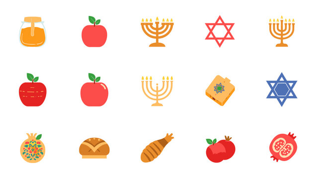 A collection of Rosh Hashanah symbols including apples, honey, pomegranates, challah, and menorahs.