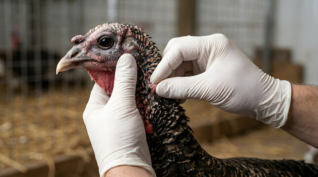 Farm veterinarian examining turkey neck skin for parasites and disease during poultry health check