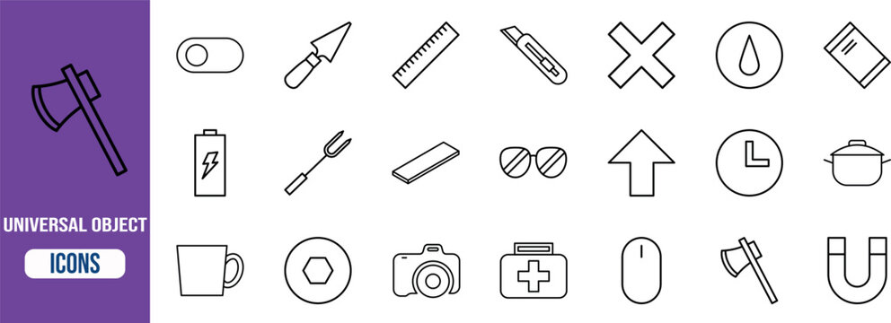 Universal everyday object line icons. camera icon set, battery icon set, glasses icon set