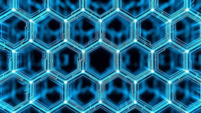 Hexagonal grid network with glowing blue lines and bright nodes on black background