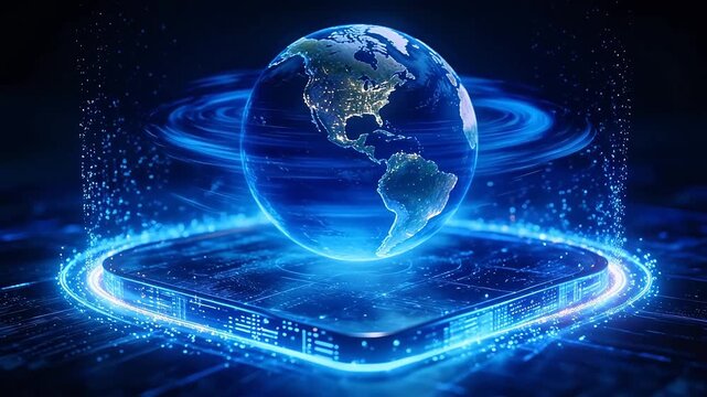 Glowing earth hovering above circuit board square structure
