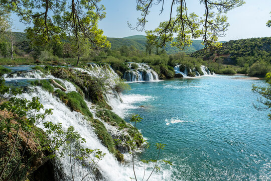 Waterfalls at Zrmanja Lake, Croatia with Lush Greenery