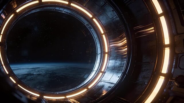 Circular spacecraft porthole with glowing LED frame viewing Earth curvature and deep starfield