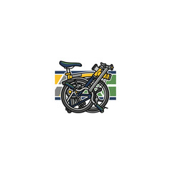 Obraz premium Compact Folded Yellow Bicycle With Black Saddle, Two Wheels And Handlebar Set Set Against A Geometric Striped Blue, Yellow And Green Backdrop, Suitable For Sporty Vector Illustration