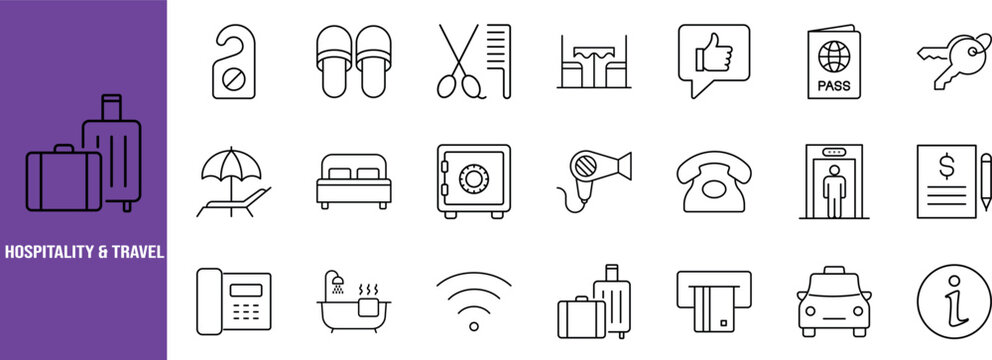 Hospitality travel service vector icons. luggage icon set, passport icon set, bed icon set