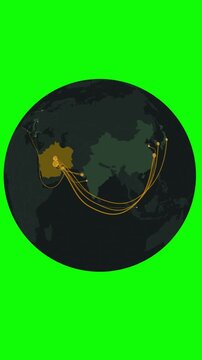 Animated oil transportation map tracks Middle East petroleum supply lines on a green screen keying background for video editing