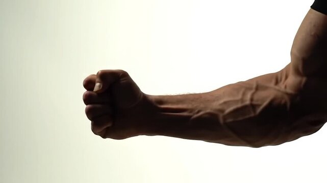 Muscular male arm with clenched fist against white