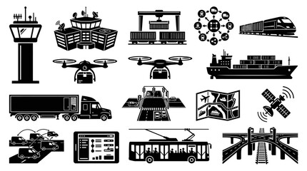 Obraz premium Black and White Icons of Logistics and Transportation Technology and Infrastructure