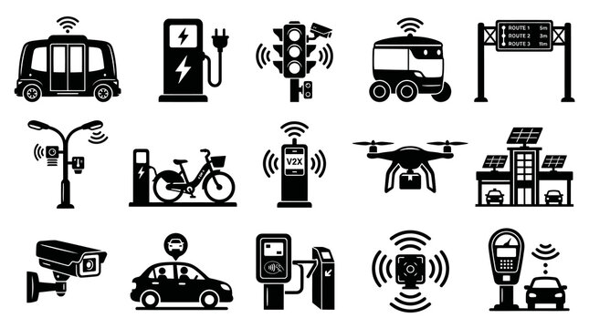 Smart City Transportation Technology Glyph Icons. Autonomous Vehicles, EV Charging, V2X, ITS, Drone, Parking.