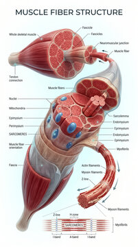 Detailed anatomical diagram illustrating the complex structure of human skeletal muscle fibers including sarcomeres and myofibrils in a medical graphic