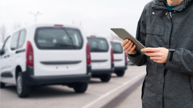 Fleet manager with digital tablet supervising rows of white delivery vans