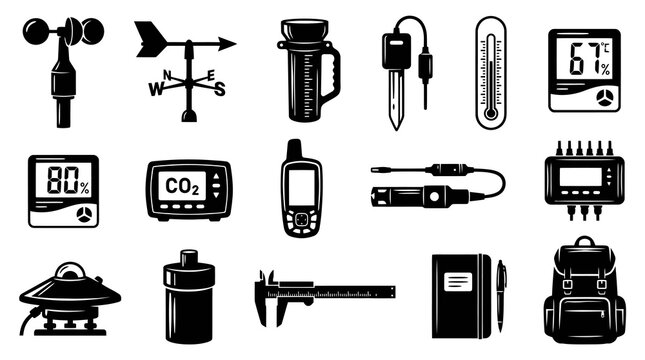 Science and Environmental Monitoring Instruments Black and White Glyph Icons Set for Field Research  Data Collection
