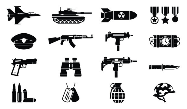 Warfare Military Icons Set Black Silhouettes Isolated on White