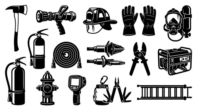 Firefighting Gear and Rescue Equipment Black  White Glyph Vector Icons Set