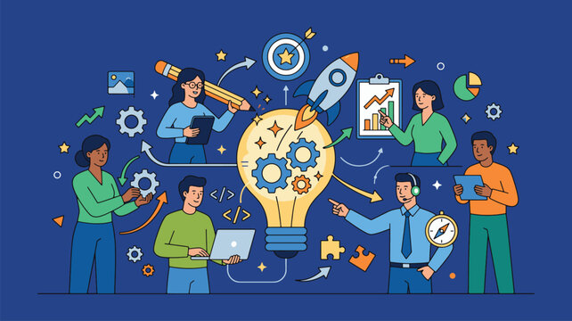 Business Brainstorming System with 2D Professional IT Team Central Idea Lightbulb Startup Rocket and Software Workflow Vector
