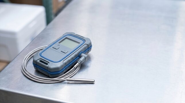Digital Thermometer with Probe on Metal Counter