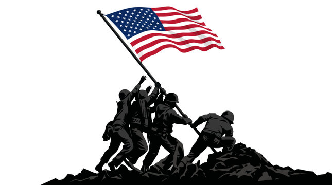 Silhouette of soldiers raising the american flag