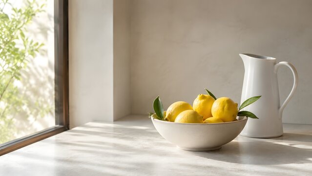 Fresh lemons in white bowl beside ceramic pitcher by sunny window, bright kitchen still life with natural light, healthy citrus fruit and clean home mood