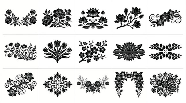 Set of floral design elements and decorative flower arrangements